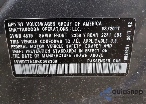 2017 Volkswagen Passat 1.8T R-Line из США, поврежденный, VIN 1VWDT7A35HC063306